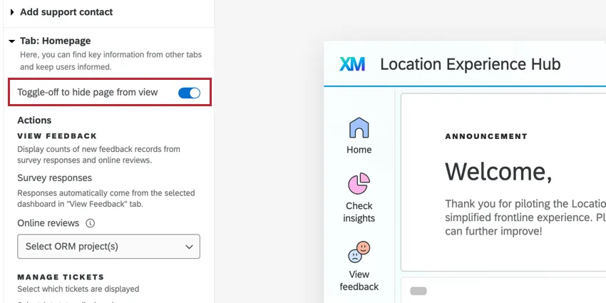 the toggle to hide tabs in location experience hub
