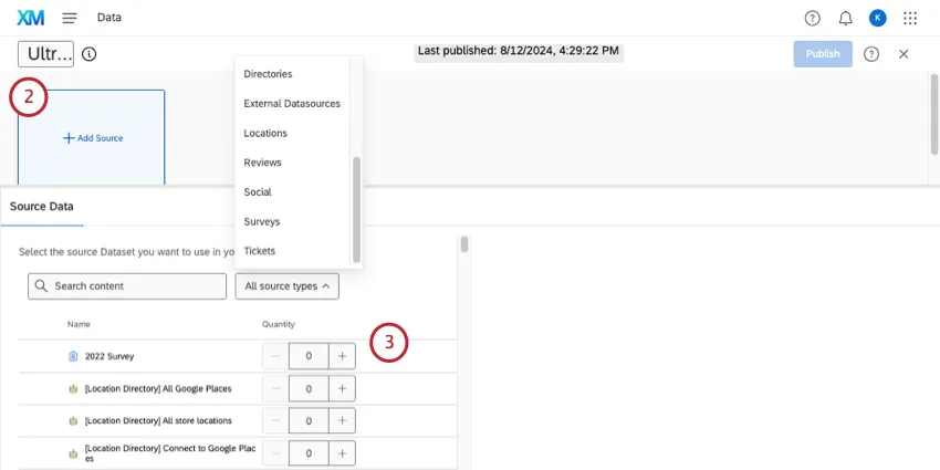 adicionar uma fonte a um modelo de dados também mostra o menu onde você pode filtro por tipo de fonte