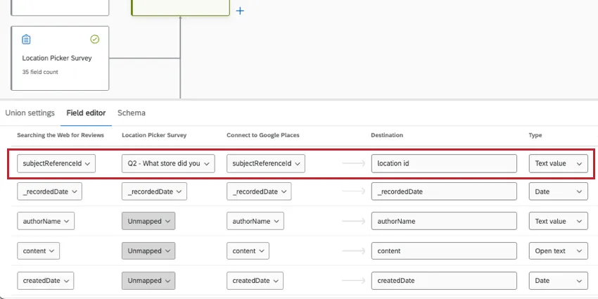 location ID field mapped. some fields are blank for some sources, marked in dark gray as unmapped