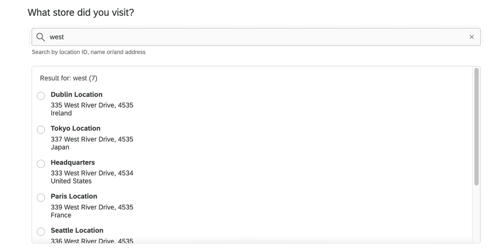 an image of the question as it appears in surveys, with a search box, and a series of location options the user can choose from