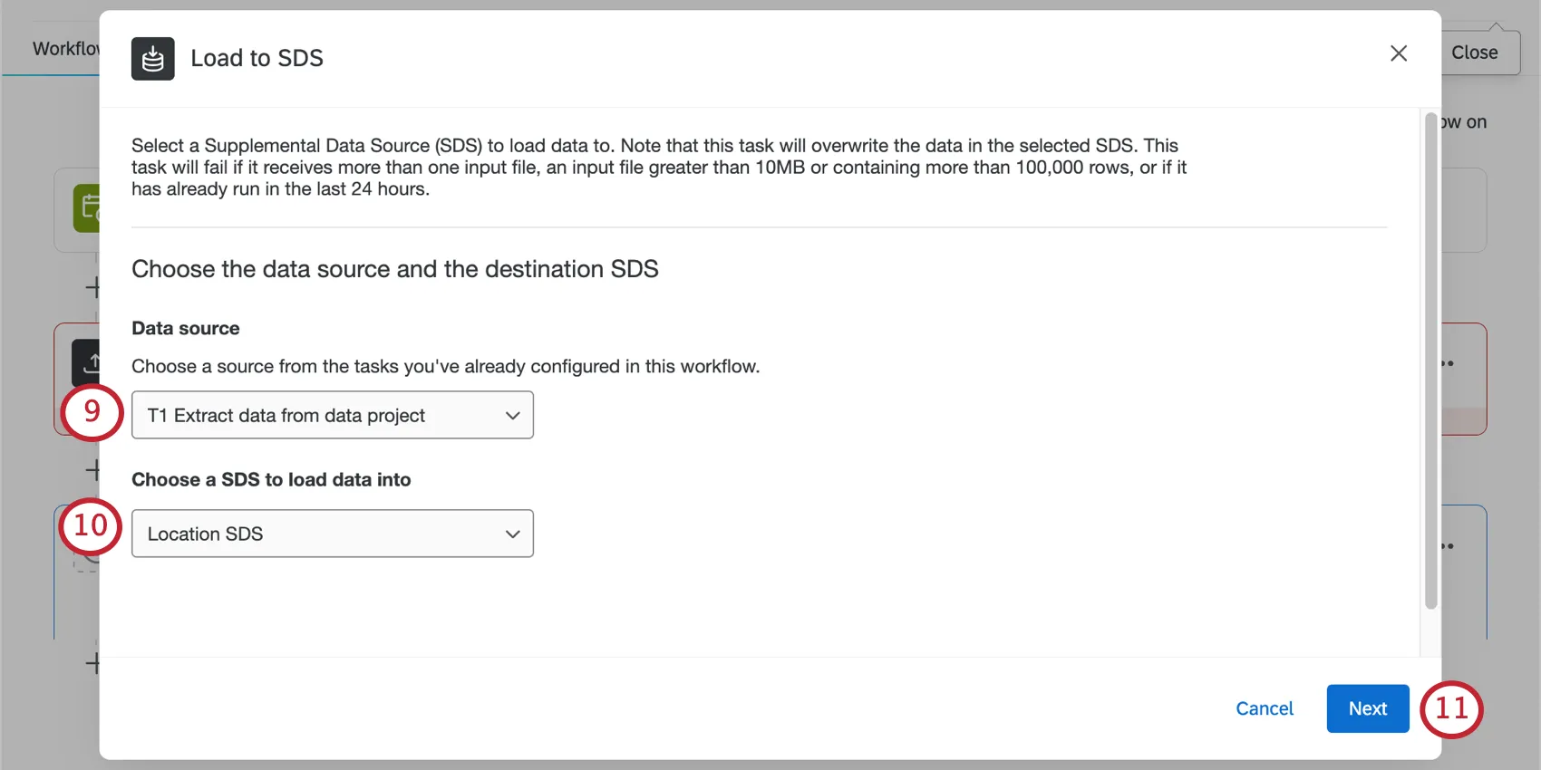 Connecting to the extraction task and the location data SDS