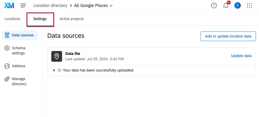 the settings tab in a location directory