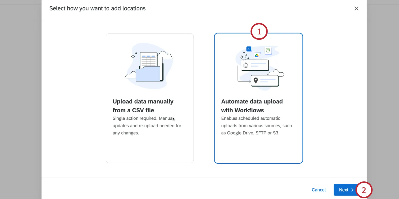 choosing the workflow option for uploading location data