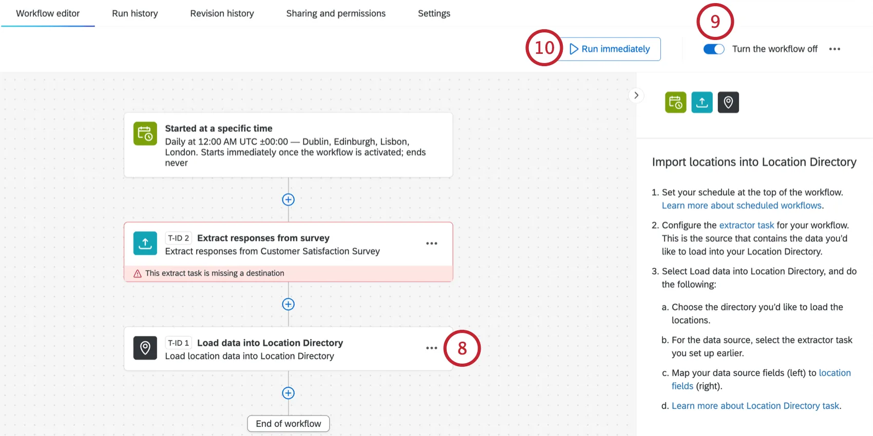 configuring the location loader task, enabling the workflow, and running it
