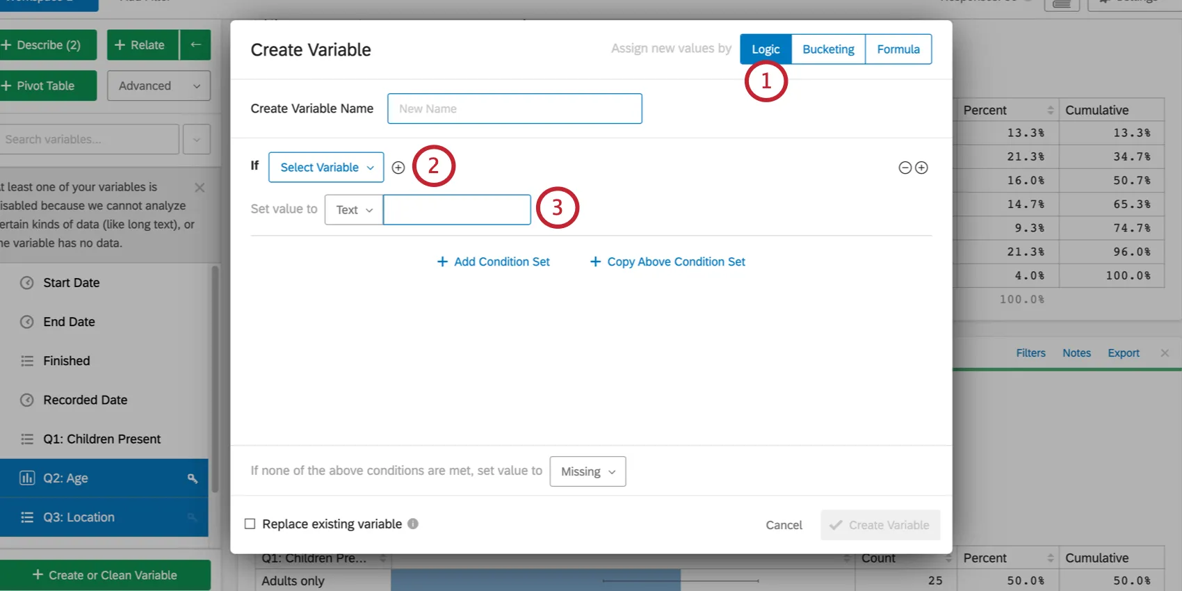 Legen Sie mithilfe von Logik eine neue Variable an. Wählen Sie oben weiter if eine Variable aus. Wählen Sie dann direkt darunter Text, Zahl oder Variable aus.
