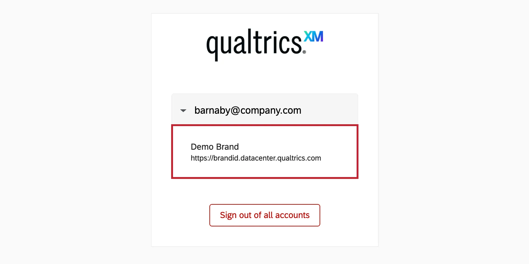 Finestra che mostra solo un account qualtrics e le informazioni sul brand