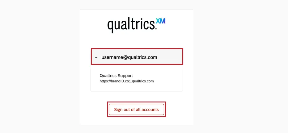 die Anmeldeseite, wenn Sie sich bereits kürzlich bei Qualtrics angemeldet haben. Wählen Sie das Benutzerkonto aus, um fortzufahren