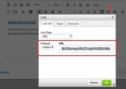 A hyperlink window with the protocol set to other and the piped text we gave you above pasted in the URL field