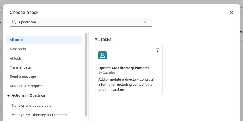 Nueva ventana donde puedes buscar tareas. La tarea de actualizar el xm directory está resaltada.