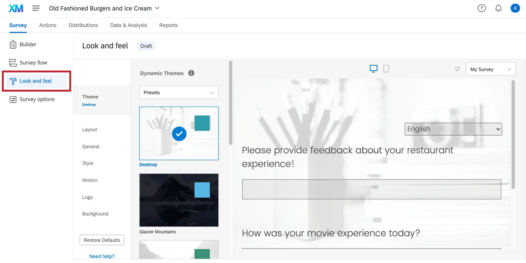 Botão Look and Feel no canto superior esquerdo da guia Pesquisa