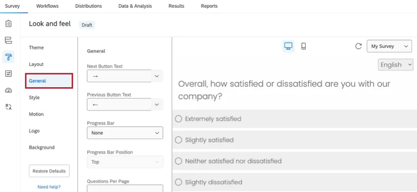 imagen de la pestaña general en el menú de apariencia