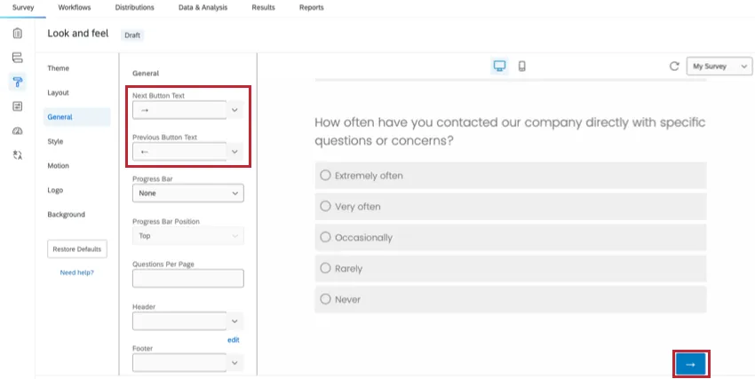 imagem da guia geral no menu look & feel. As opções de texto do botão voltar avançar e anterior são destacadas.