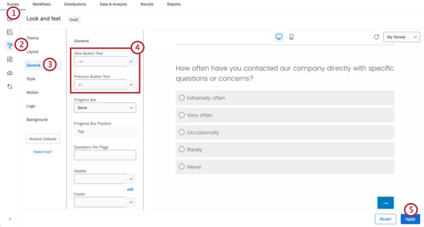 Die Menüoption "Erscheinungsbild &" ist hervorgehoben, die Registerkarte "Allgemein" im &Erscheinungsbild; Menü "Erscheinungsbild". Die Textoptionen Zurück-Schaltfläche werden hervorgehoben.