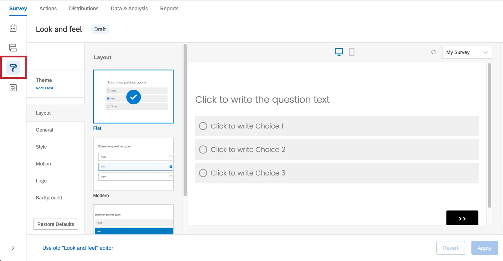Opções de menu Look & Feel