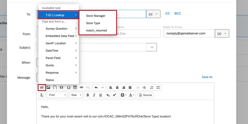 the piped text menu for a task, showing the lookup outputs