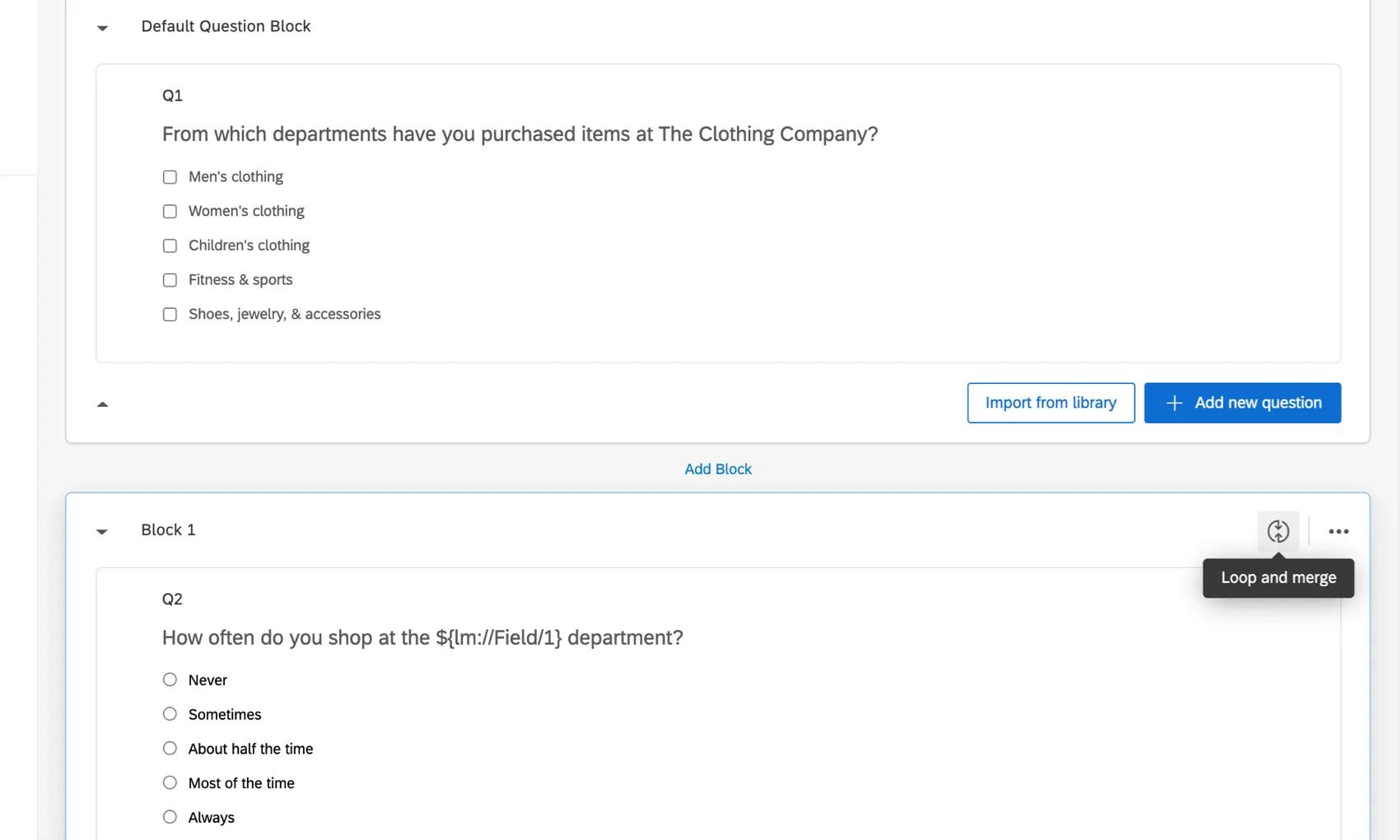 A question about the departments people shop at where they can select multiple answers. Ina separate block marked 'Loop and Merge' below, a question about shopping frequency that can apply to any of the answers from question 1