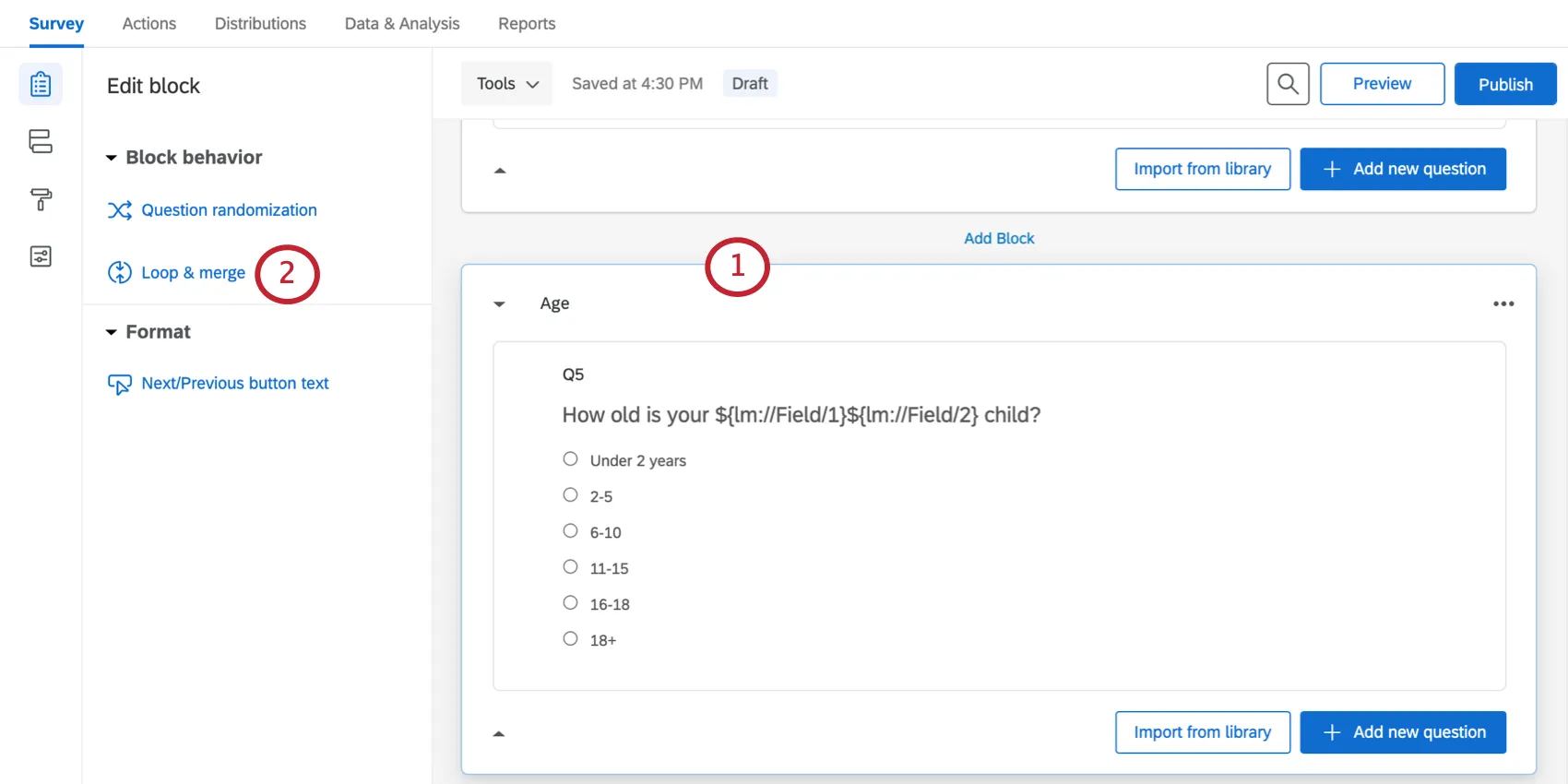 Block clicked; loop and merge option appears in editing pane to left