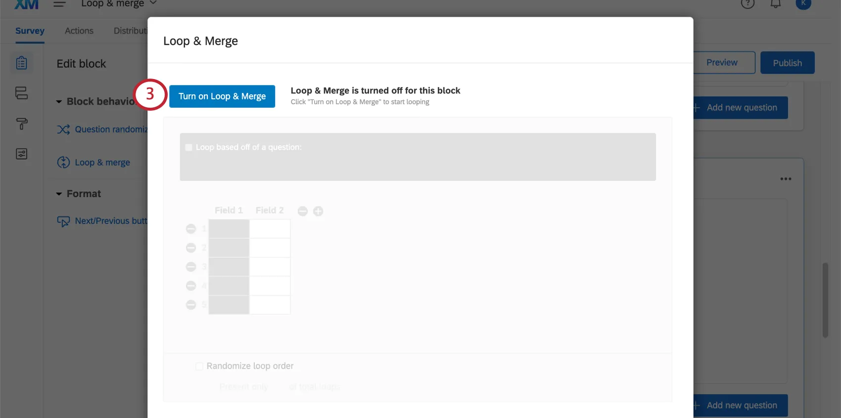 左上にある青い［ループと結合を有効］ボタン