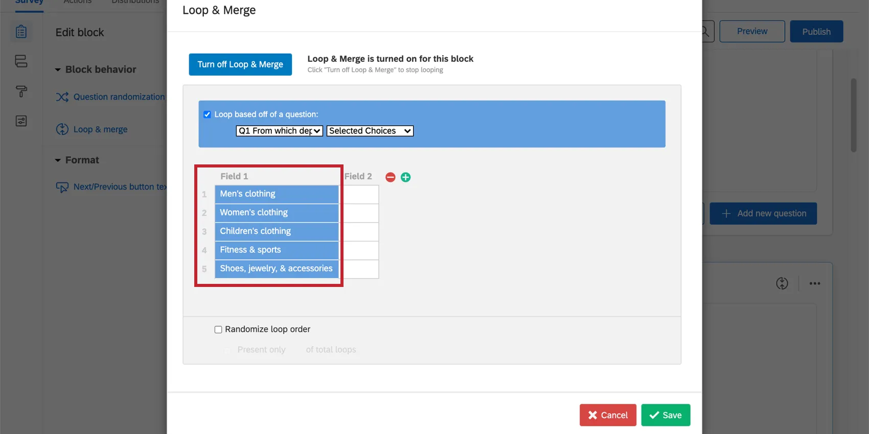 Loop and Merge window with Field 1 column highlighted