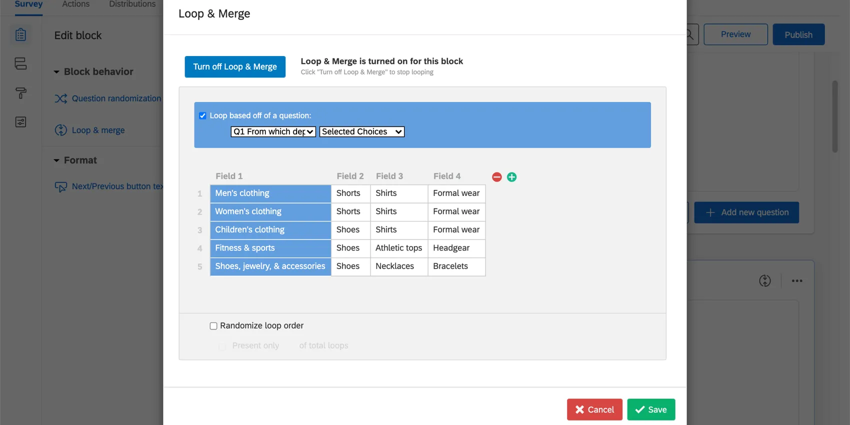 Diese Wiederholen- und Zusammenführen-Konfiguration enthält vier Feldspalten (Feld&nbsp;1, Feld&nbsp;2, Feld&nbsp;3, Feld&nbsp;4)