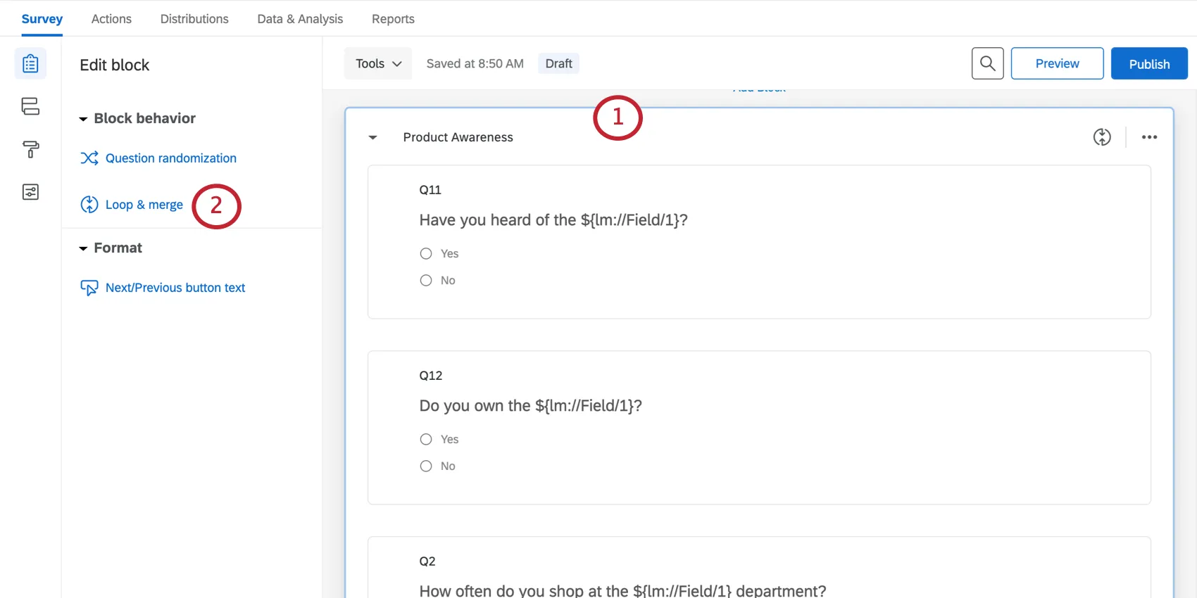 Block clicked; loop and merge option appears in editing pane to left