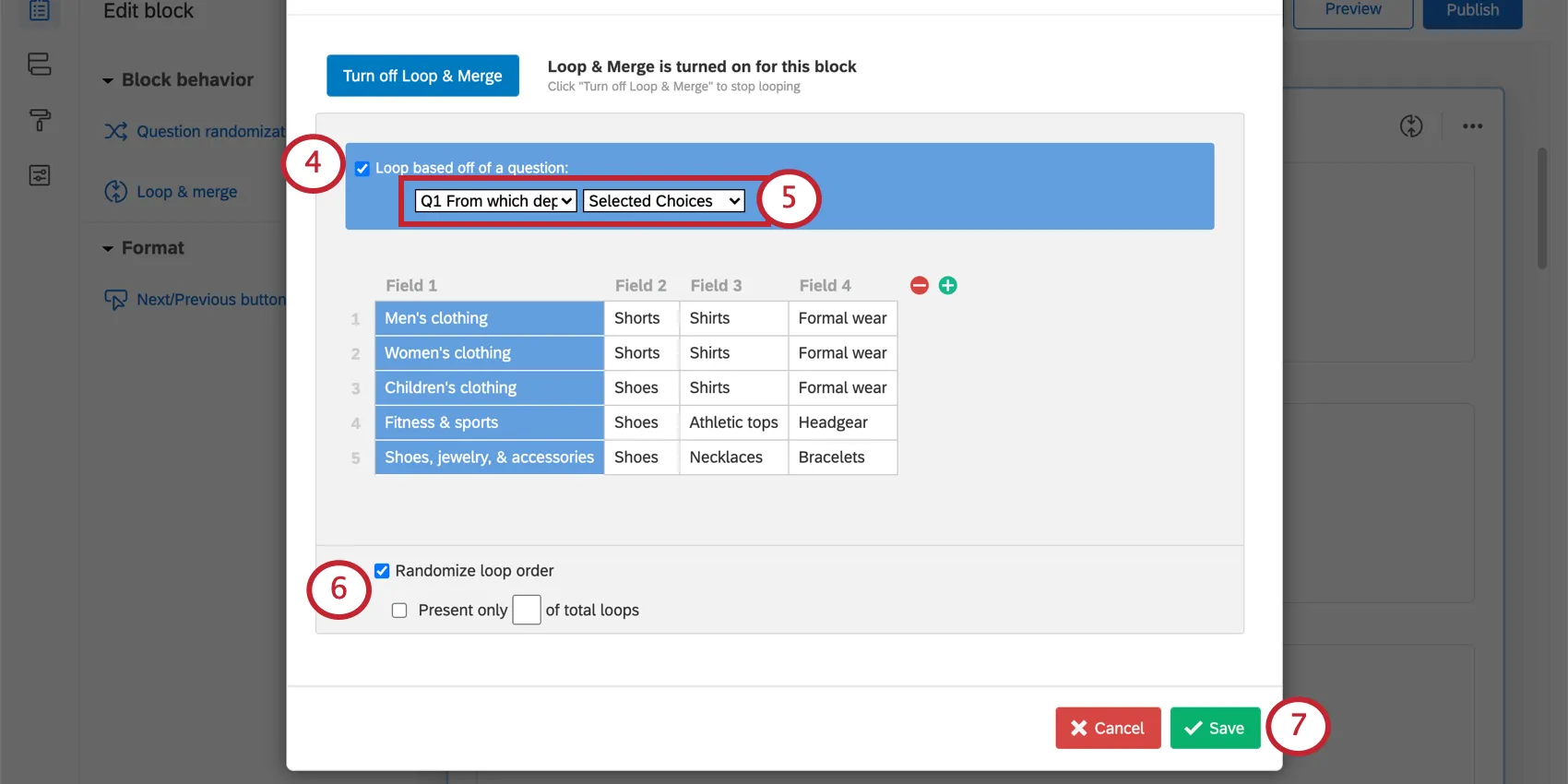 Question selected to loop based off of. Randomize loop order selected. Save button in bottom-right of the Loop and Merge window