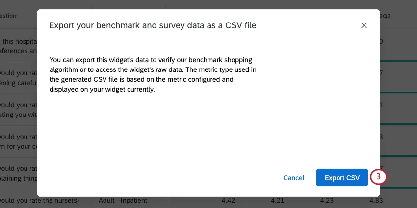 New window that says, export your benchmark and survey data as a CSV file. Export CSC button in bottom-right