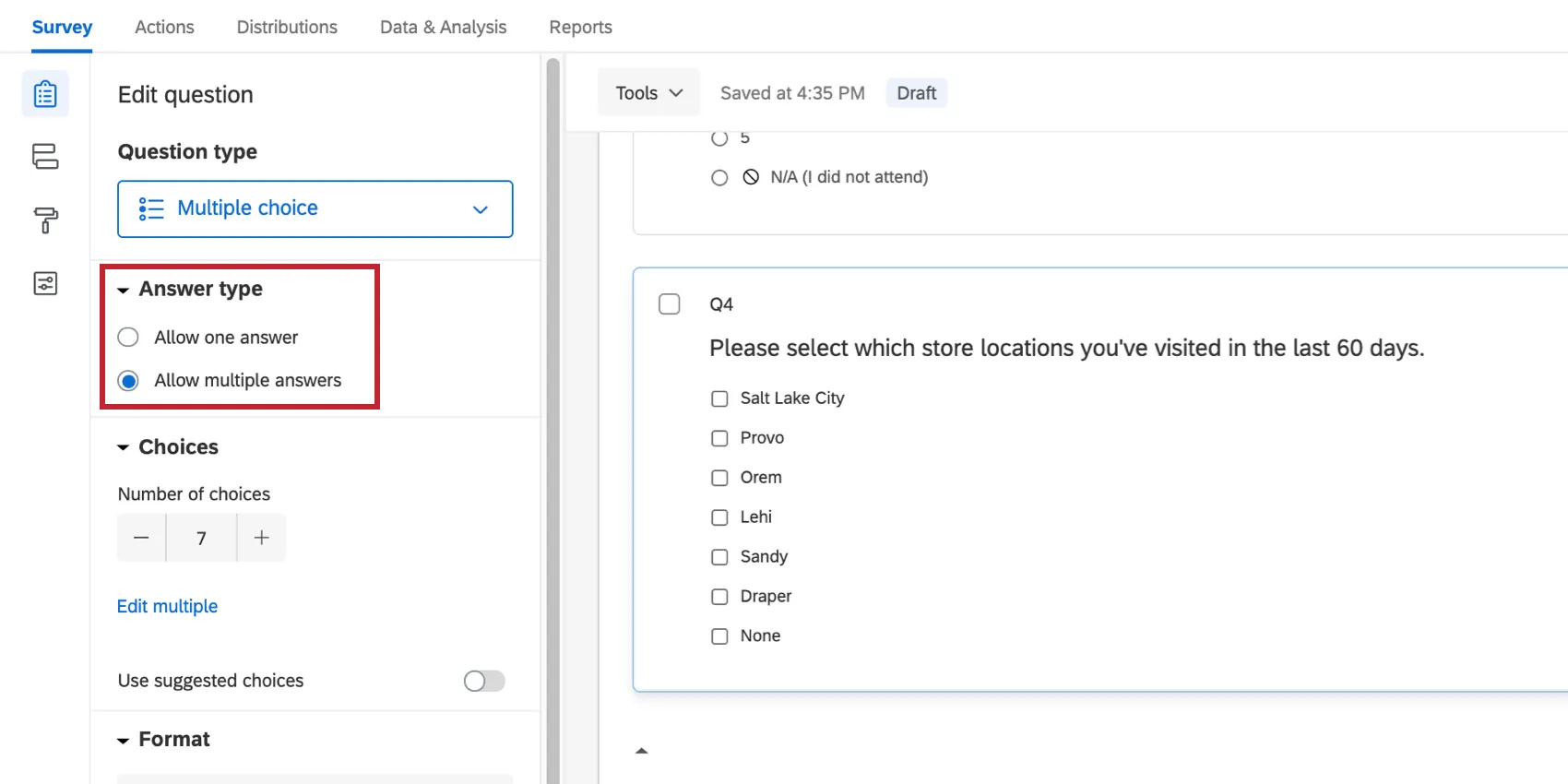 Dans le volet de modification des questions, section pour type de réponse, avec options pour autoriser une réponse et autoriser plusieurs réponses. Vous souhaitez autoriser lactivation de plusieurs réponses.