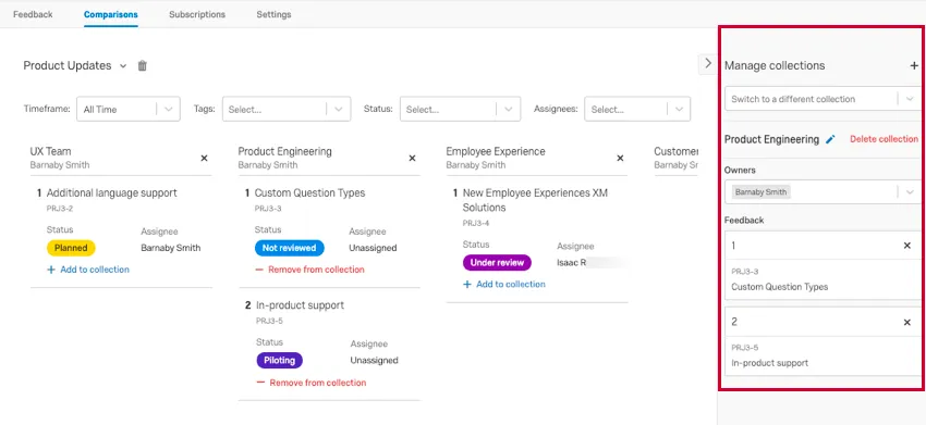 the manage collections window on the right side of the page