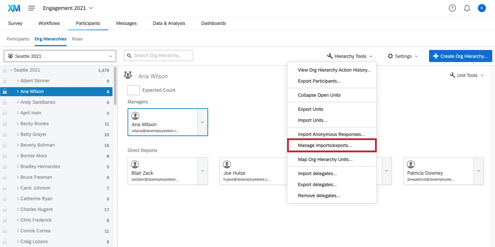 the manage previous imports option in the hierarchy tools menu