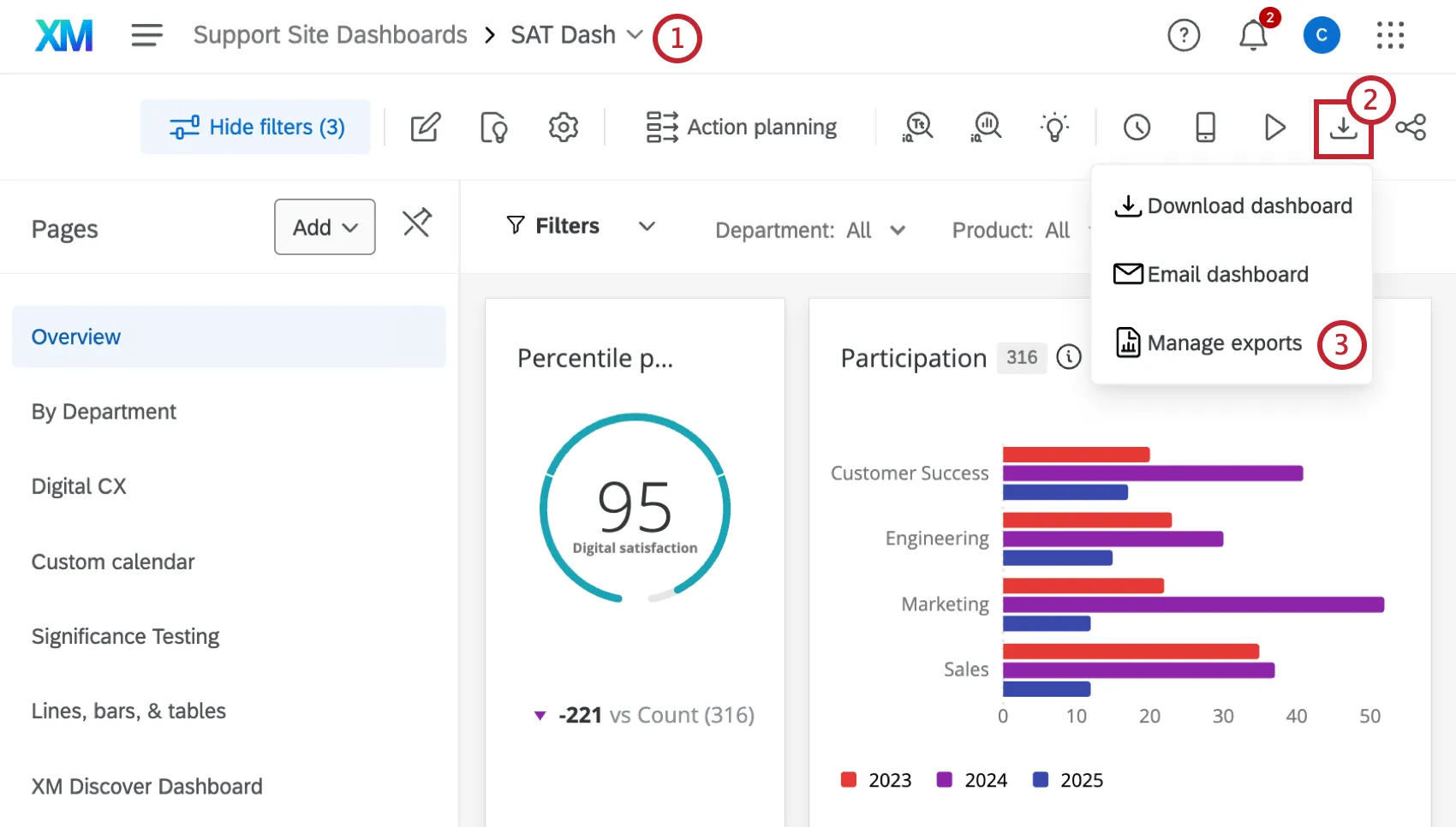 download dashboard button with the "manage exports" option highlighted