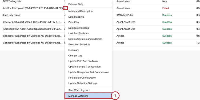 selecting manage job watchers from the job options menu