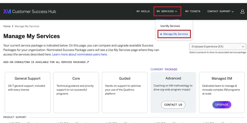 selecionando manage my services (gerenciar meus serviços) no menu suspenso my services (meus serviços)