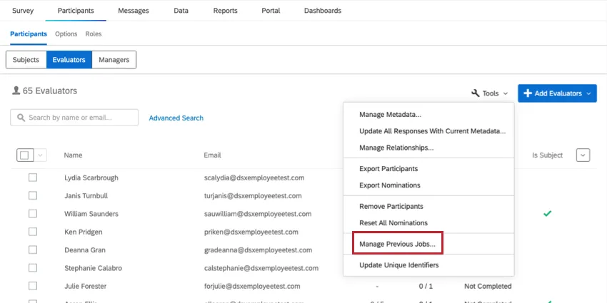 Tools open in Participant page and Manage Previous Jobs highlighted towards the bottom