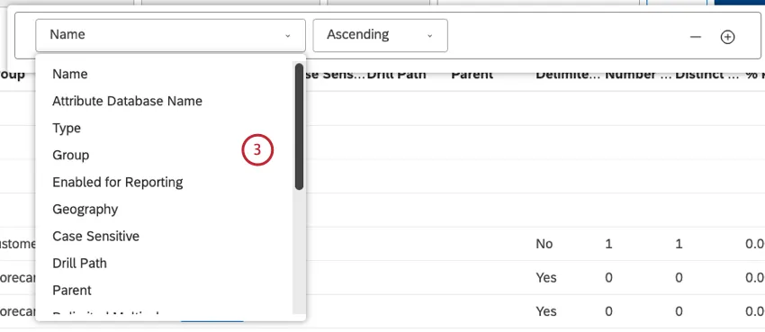 the sorting options for attributes