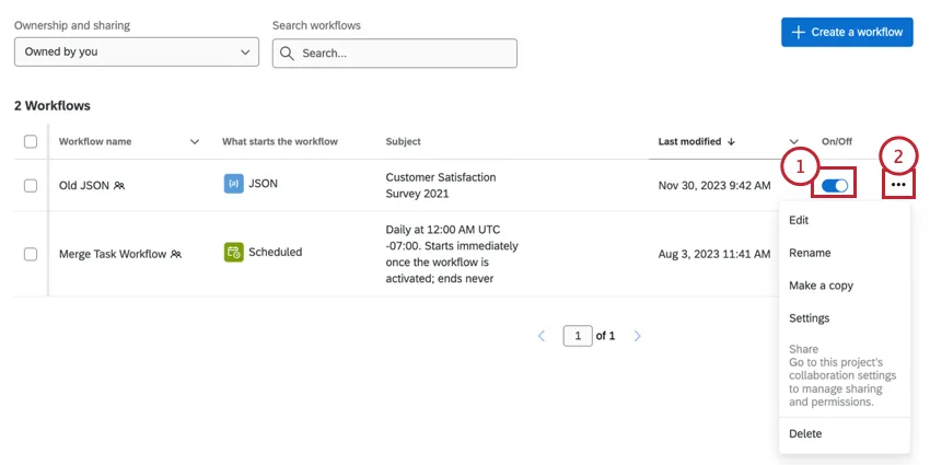 lactivation ou la désactivation dun flux de travail et la visualisation des options du flux de travail