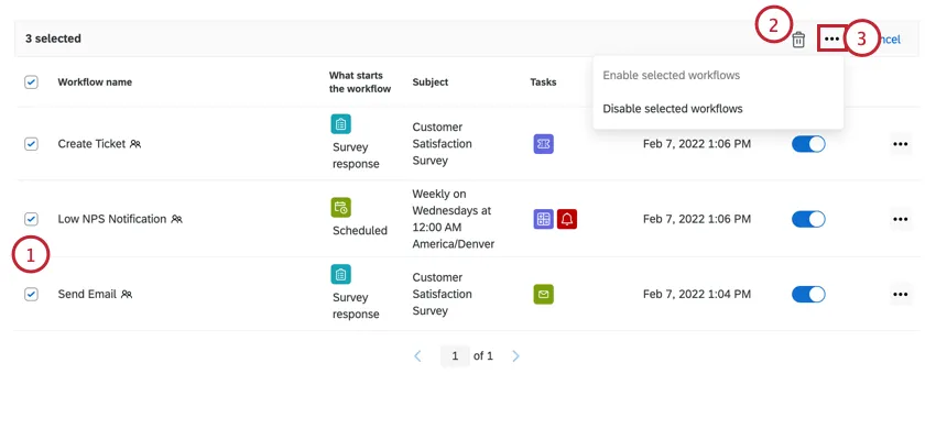 seleccionando múltiples flujos de trabajo para gestionarlos en masa