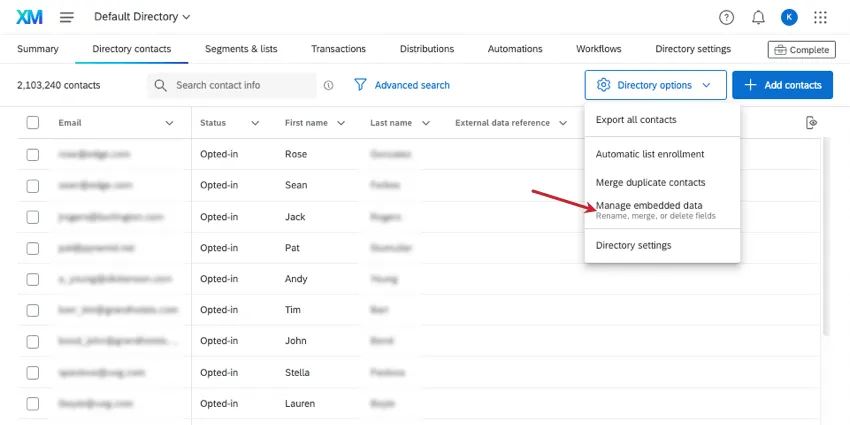 image of how to access manage embedded data in the directory options