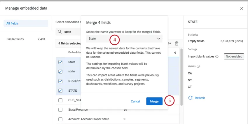 new modal opens where you can select the name of the merged field