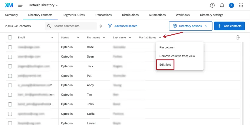 header menu expanded to show edit field option described