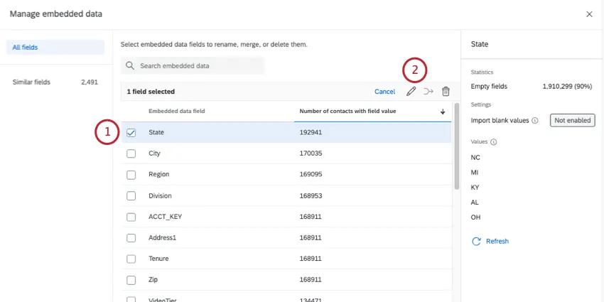 in new page, selecting fields to edit