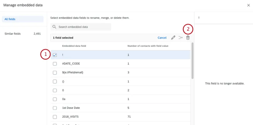 trash can icon above selected fields