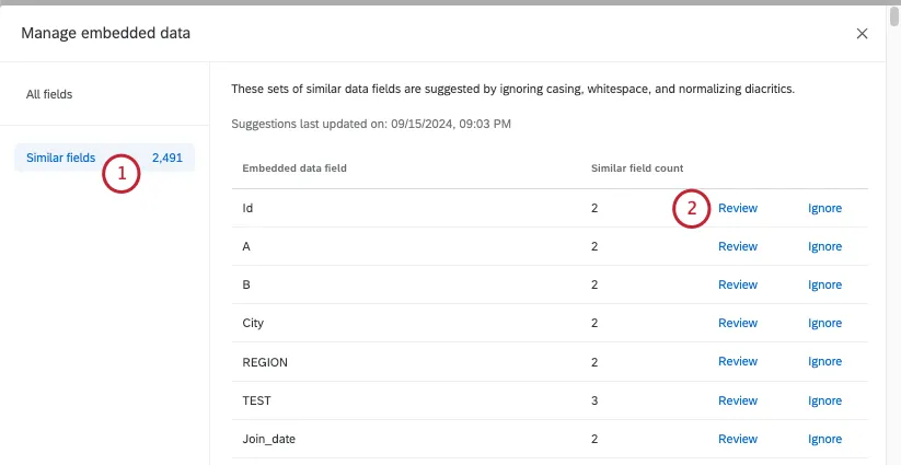 similar fields selected from left, opening the merge page