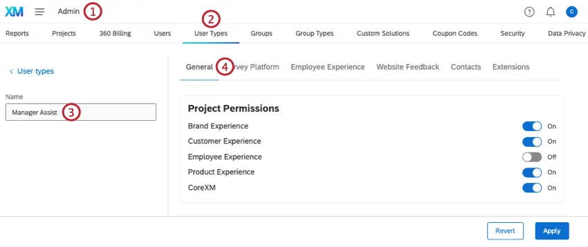 permisos dentro de la sección de tipos de usuario de la pestaña Administración