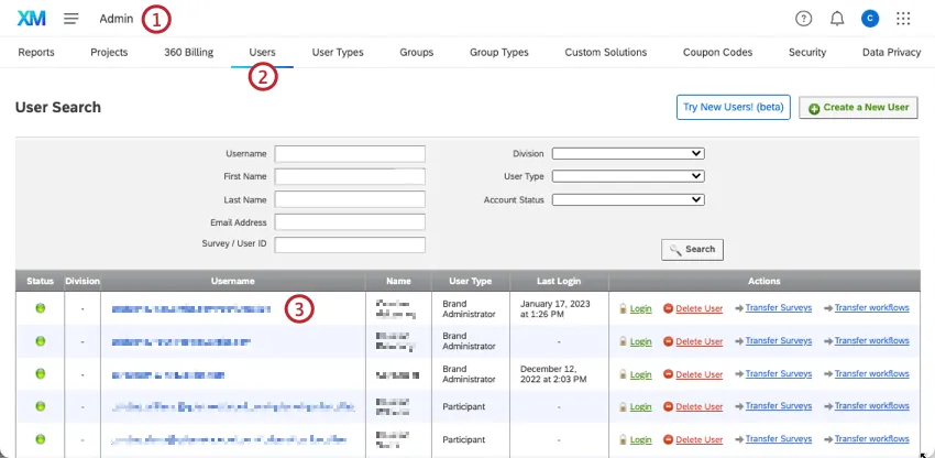 users tab within admin menu