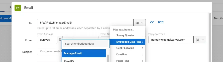 En el campo Para de una tarea de correo electrónico, extrayendo el texto dinámico para los datos embebidos denominados ManagerEmail