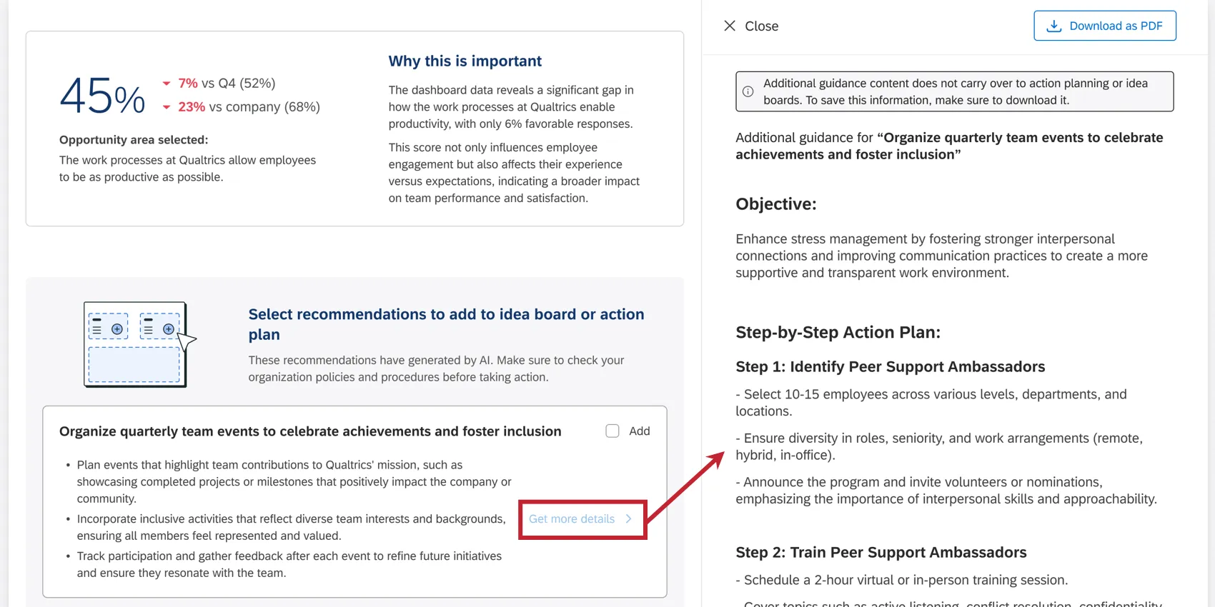 clicking "get more details" to learn more about a recommendation