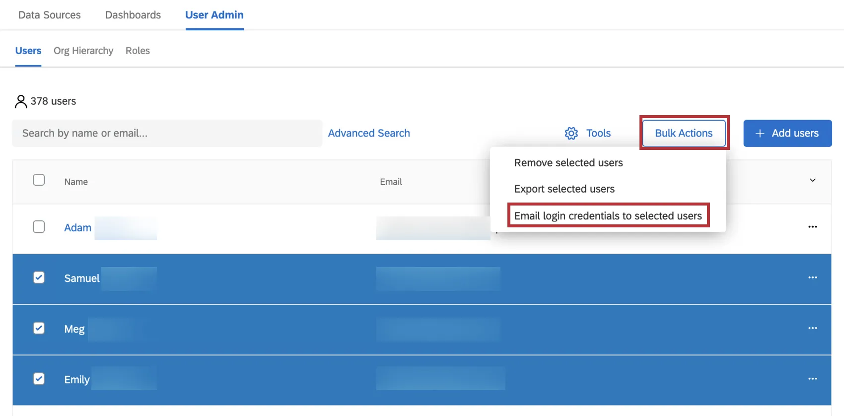 Con Seleccionado en azul a la izquierda y Herramientas en blanco en la parte superior derecha
