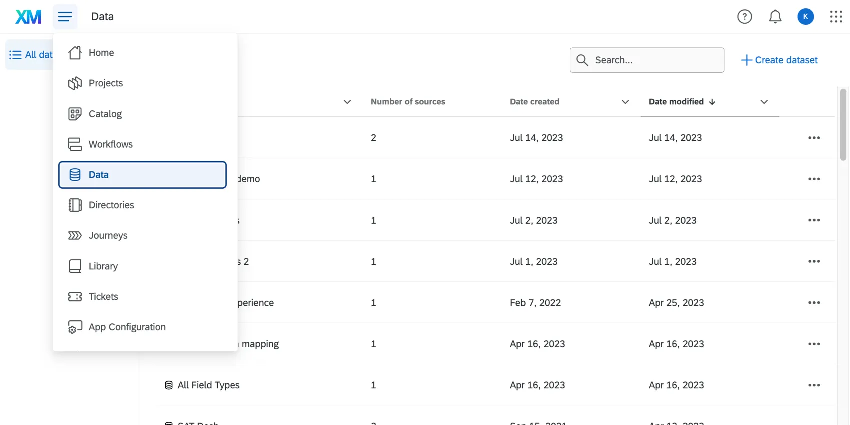 Data option in global navigation menu opened over the data page itself, where you can see a list of datasets