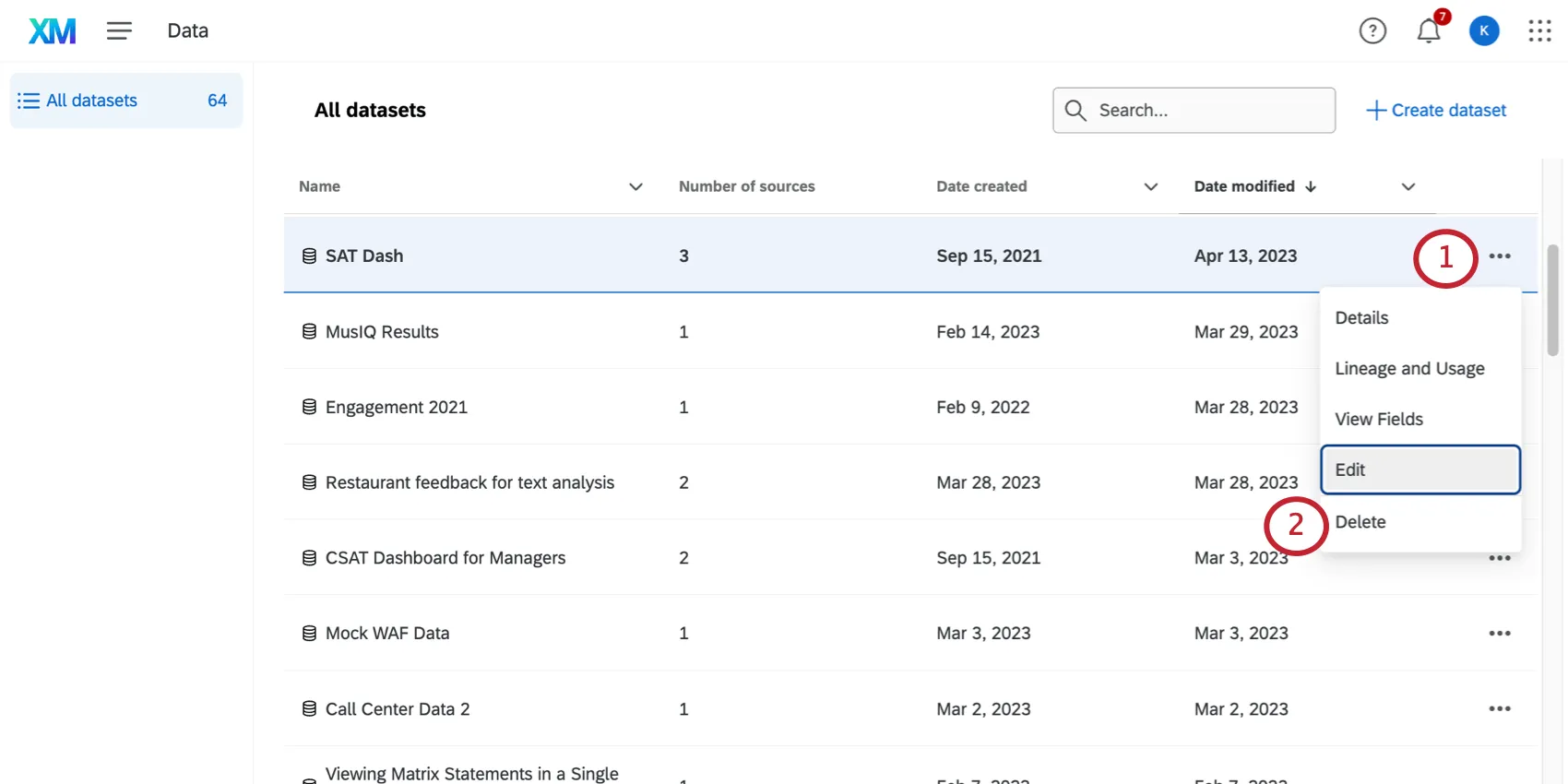 clicking 3 dots on a dataset, selecting delete